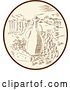 Vector Clip Art of Retro Sketched or Engraved Olive Jar, Grapes and Cheese in a Tuscan Landscape Within an Oval by Patrimonio