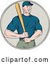 Vector Clip Art of Retro Sketched or Engraved White Male Baseball Player Holding a Bat in a Circle by Patrimonio