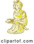 Vector Clip Art of Retro Sketched or Engraved Yellow Housewife or Waitress Wearing an Apron and Serving a Bowl of Food by Patrimonio