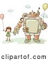 Vector Clip Art of Retro Sketched Steampunk Robot and Stick Girl Holding Balloons by BNP Design Studio