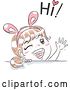 Vector Clip Art of Retro Sketched White Girl Wearing Bunny Ears, Waving and Saying Hi by BNP Design Studio