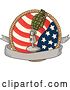 Vector Clip Art of Retro Sketched World War Two Grenade Mounted on a Microphone Stand over a Blank Banner, American Flag and Rope by Patrimonio