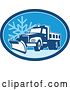 Vector Clip Art of Retro Snow Plow Truck on a Road in a Blue Oval with a Snowflake by Patrimonio