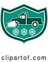 Vector Clip Art of Retro Snow Plow Truck over Snowflakes in a Tuquoise Green and White Shield by Patrimonio