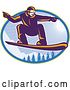 Vector Clip Art of Retro Snowboarder Catching Air over Alpine Trees and Sunshine in an Oval by Patrimonio