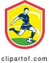 Vector Clip Art of Retro Soccer Player Kicking in a Red and Yellow Shield by Patrimonio