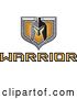 Vector Clip Art of Retro Spartan Helmet over a Silver and Gold Shield and Warrior Text by Patrimonio