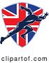 Vector Clip Art of Retro Sprinter Running over a British Union Jack Flag Shield by Patrimonio