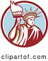 Vector Clip Art of Retro Statue of Liberty Holding a Torch in a Maroon White and Blue Circle by Patrimonio