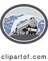 Vector Clip Art of Retro Steam Engine Train in the Mountains Inside an Oval by Patrimonio
