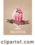Vector Clip Art of Retro Strawberry Milkshake with Stars Rays a Banner and Delicious Text by Eugene