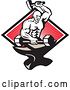 Vector Clip Art of Retro Strong Blacksmith Forging a Barbell on an Anvil over a Diamond of Rays on Red by Patrimonio