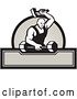 Vector Clip Art of Retro Strong Blacksmith Striking a Barbell over a Circle of Rays and Banner by Patrimonio