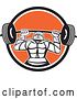 Vector Clip Art of Retro Strong Knight Working out with a Barbell in a Black White and Orange Circle by Patrimonio