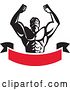 Vector Clip Art of Retro Strong Male Bodybuilder Holding His Arms up and Flexing over a Red Banner by Patrimonio