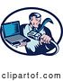 Vector Clip Art of Retro Styled Computer Repair Guy with a Cable and Laptop by Patrimonio