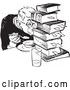 Vector Clip Art of Retro Teenage Boy Hiding Behind Books While Eating in Black and White by Picsburg