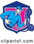Vector Clip Art of Retro Telephone Repair Guy Holding out a Red Receiver in a Blue White and Pink Shield by Patrimonio