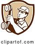 Vector Clip Art of Retro Telephone Repair Guy Holding out a Red Receiver in a Brown and White Shield by Patrimonio