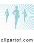 Vector Clip Art of Retro Three Blue Silhouetted Female Models over Grungy Blue Rays by Mheld