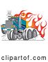 Vector Clip Art of Retro Tough Big Rig Hot Rod Truck Flaming and Smoking Its Rear Tires Doing a Burnout in Flames and a Wheelie by Andy Nortnik