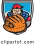 Vector Clip Art of Retro Tough Chimpanzee Monkey Baseball Player Catcher Holding out a Glove, Emerging from a Shield by Patrimonio