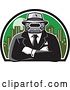Vector Clip Art of Retro Tough Mobster with a Car Grill Head and Folded Arms Against a City by Patrimonio
