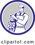 Vector Clip Art of Retro Train Signaler Worker Guy Holding a Lamp in a Blue White and Taupe Circle by Patrimonio