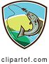 Vector Clip Art of Retro Trout Fish Jumping to Bite a Hook in a Shield by Patrimonio