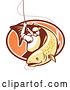 Vector Clip Art of Retro Trout Fisher Man Reeling in a Fish over an Oval of Rays by Patrimonio