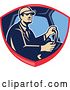 Vector Clip Art of Retro Truck Driver Behind the Wheel in a Shield Crest by Patrimonio