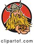 Vector Clip Art of Retro Viking Warrior Holding out Hazelnuts and Emerging from a Black and Red Circle by Patrimonio