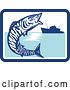 Vector Clip Art of Retro Wahoo Scombrid Fish Jumping near a Silhouetted Fishing Boat in a Blue and White Rectangle by Patrimonio