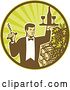 Vector Clip Art of Retro Waiter Carrying Wine and a Corkscrew in a Circle of Rays Grapes and Barrels by Patrimonio