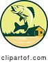Vector Clip Art of Retro Walleye Fish Jumping in Front of a Lake Cabin in a Green and Orange Circle by Patrimonio