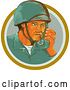Vector Clip Art of Retro Watercolor Styled WWII American Soldier Talking on a Field Radio in an Orange Circle by Patrimonio