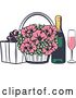 Vector Clip Art of Retro Wedding Basket of Flowers and Champagne with a Gift by Vector Tradition SM
