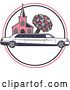 Vector Clip Art of Retro Wedding Limo Parked by a Church, with a Boquet by Vector Tradition SM