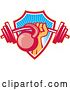 Vector Clip Art of Retro Weightlifter Hand with a Barbell and Kettlebell Emerging from a Ray Shield by Patrimonio