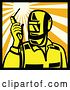 Vector Clip Art of Retro Welder Holding a Torch Torch in a Square of Rays by Patrimonio