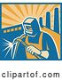 Vector Clip Art of Retro Welder Using a Torch with Factory Smoke Stacks and Rays by Patrimonio