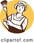 Vector Clip Art of Retro White and Brown Female Maid House Keeper Holding a Duster in a Yellow Circle by Patrimonio