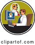 Vector Clip Art of Retro White Business Man Having a Video Conference at Work, Inside a Circle by Patrimonio