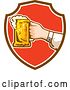 Vector Clip Art of Retro White Hand Holding out a Frothy Beer Mug in a Brown White and Red Shield by Patrimonio