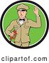 Vector Clip Art of Retro White Male Gas Station Attendant Jockey Holding a Nozzle and Waving in a Black White and Green Circle by Patrimonio