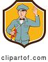 Vector Clip Art of Retro White Male Gas Station Attendant Jockey Holding a Nozzle and Waving in a Brown White and Yellow Shield by Patrimonio