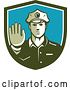 Vector Clip Art of Retro White Male Police Officer Gesturing Stop with His Hand Inside a Green White and Blue Shield by Patrimonio