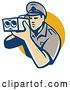 Vector Clip Art of Retro White Male Police Officer Using a Speed Radar Camara and Emerging from a Yellow Circle by Patrimonio