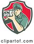 Vector Clip Art of Retro White Male Police Officer Using a Speed Radar Camara in Green White and Red Shield by Patrimonio