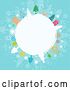 Vector Clip Art of Retro White Winter Globe Circled in Snowmen, Trees, Angels, and Gifts on Blue by KJ Pargeter